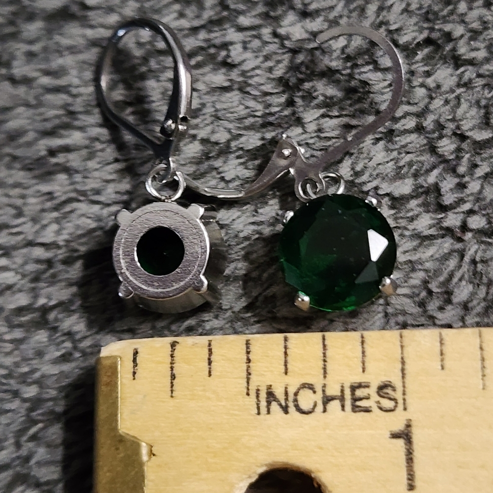 Silvertone Earrings Green Gemstone 10mm Drop - Picture 4 of 8